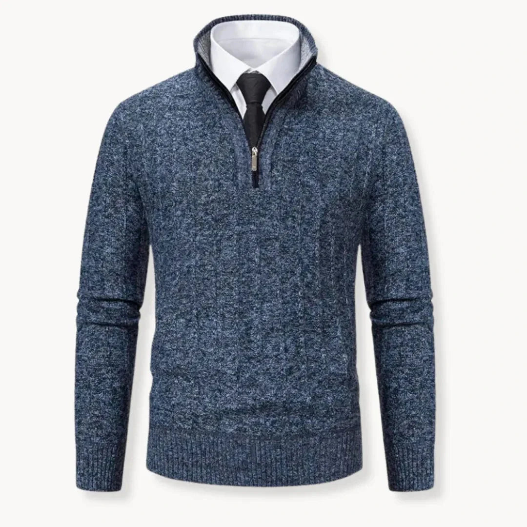 Drew quarter-zip cable-knit sweater in neutral tone with ribbed cuffs and wool-blend fabric