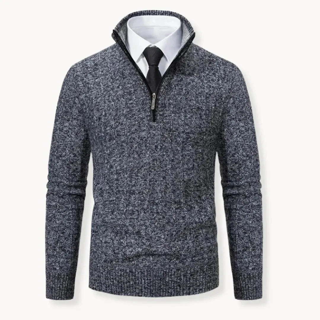 Men's beige cable-knit quarter-zip sweater with ribbed cuffs and premium wool-blend fabric