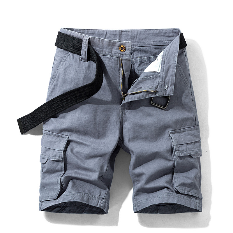 Men's beige lightweight cargo shorts with multiple pockets and tactical web belt, relaxed summer fit