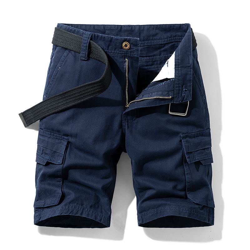 Men's khaki lightweight cargo shorts with stretch fabric, multiple pockets and tactical web belt