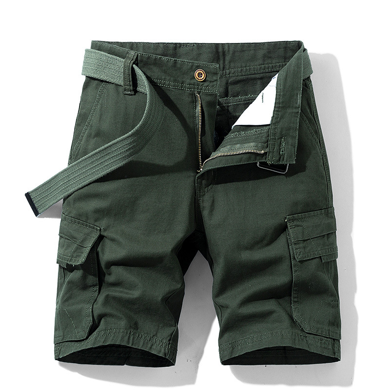 Men's khaki lightweight cargo shorts with stretch fabric, multiple pockets, and tactical web belt