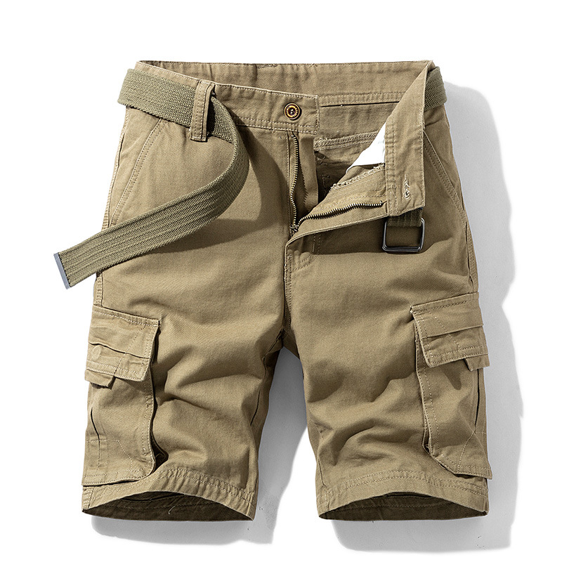 Men's khaki lightweight cargo shorts with stretch fabric, multiple pockets and tactical web belt