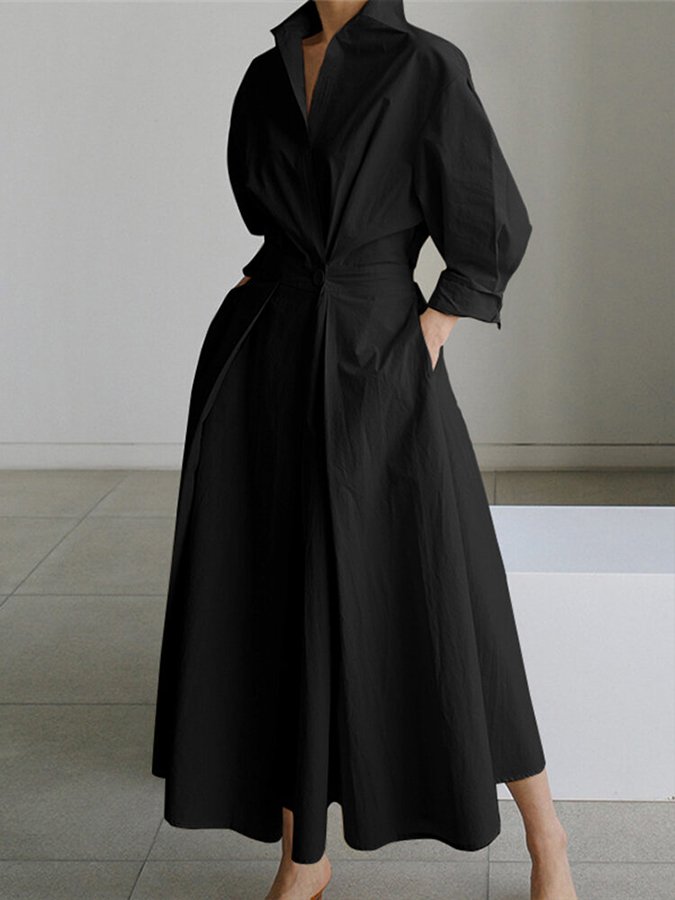 Women's midi shirt dress A-line fit long sleeves waistband classic polished silhouette everyday wear