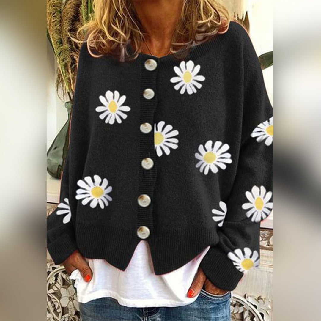 Women's relaxed fit floral daisy button-up cardigan in cozy winter knit with oversized silhouette