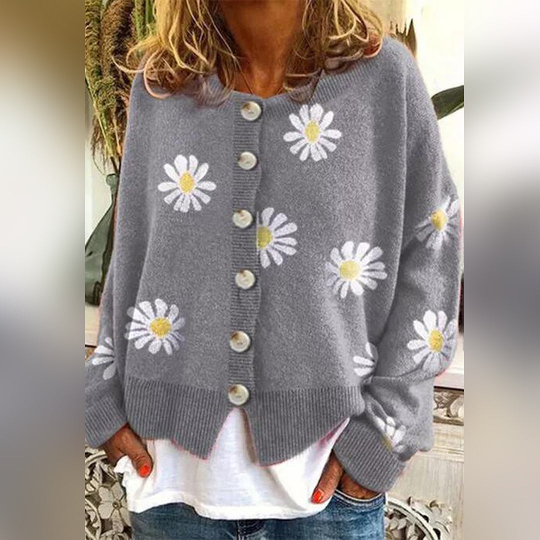 Women's white floral daisy button-up relaxed fit cardigan with oversized cozy knit design