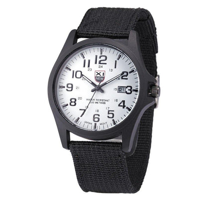 Men's tactical military analog watch with luminous hands, 45mm stainless steel case, durable nylon strap
