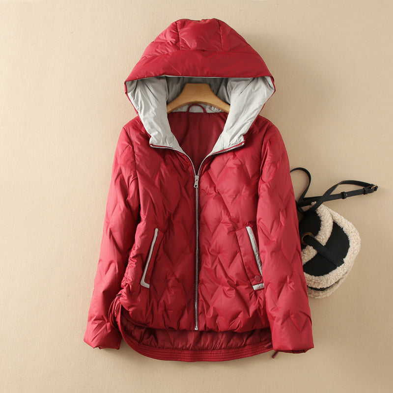 Women's quilted duck down jacket tailored fit with subtle luster fabric, warm insulated winter coat
