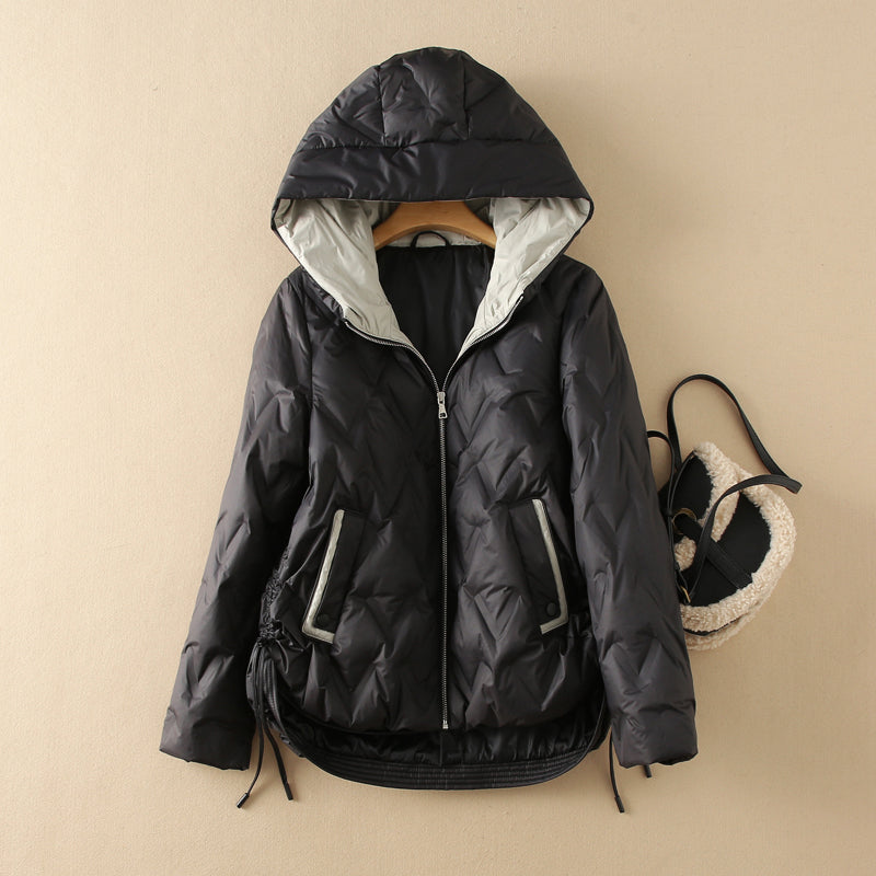 Women's quilted duck down jacket tailored fit with subtle fabric luster, warm insulated winter coat