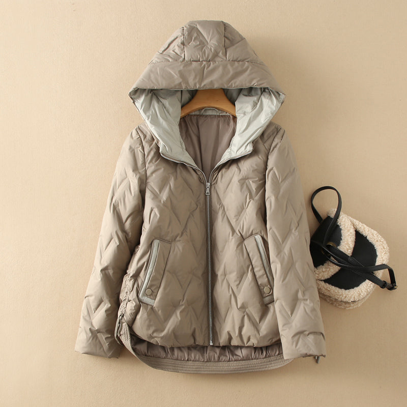 Women's quilted duck down jacket tailored fit warm insulated coat with subtle lustrous fabric
