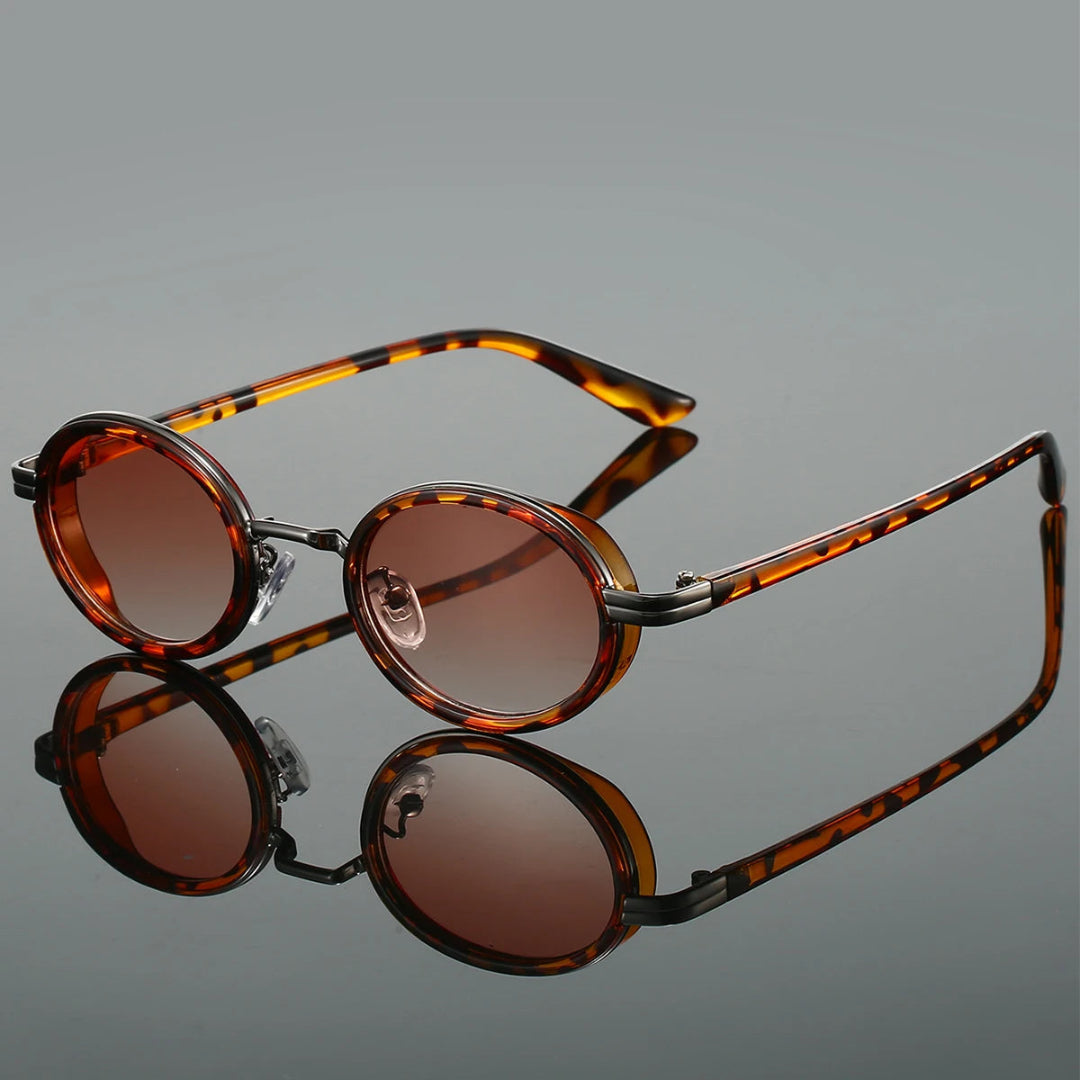 Retro round sunglasses with tinted lenses, metal frame accents, and adjustable nose pads for bold style