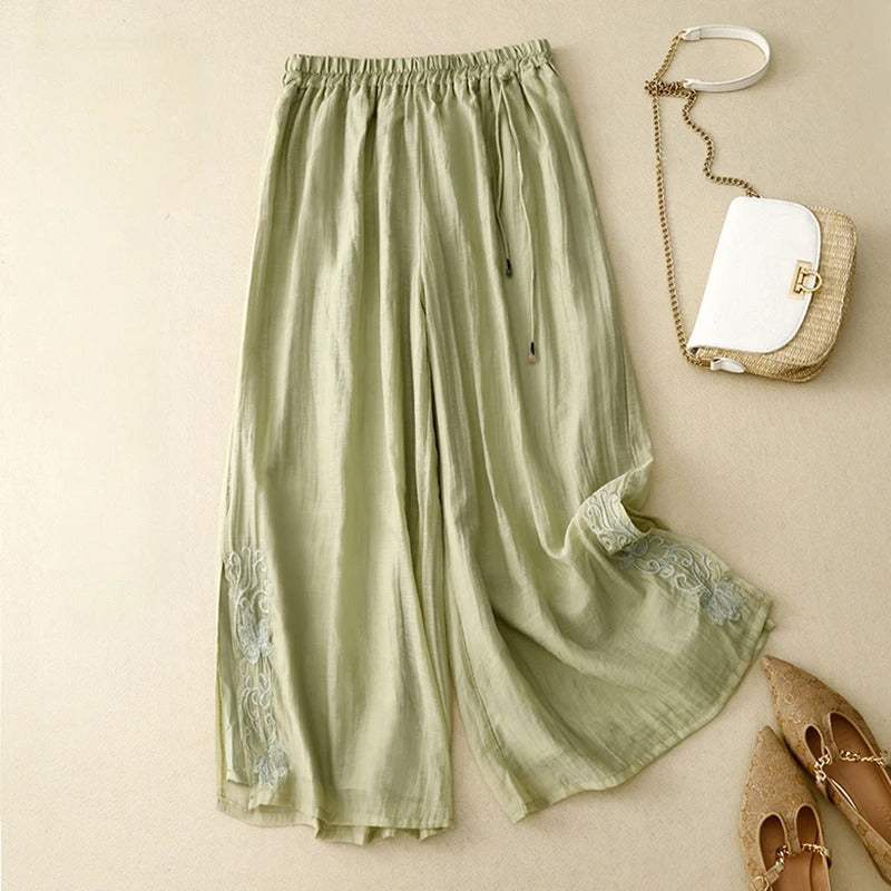 Elara wide-leg linen blend pants with delicate embroidery detail in a breezy relaxed silhouette