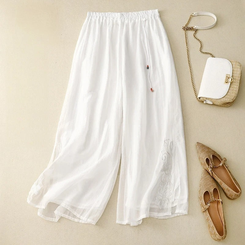 Elara wide-leg linen blend pants with delicate embroidery detail in a breezy relaxed silhouette