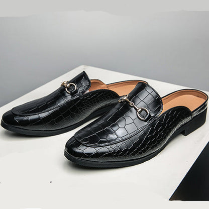 Elbert croc-embossed brown leather slip-on mules with polished gold horsebit detail