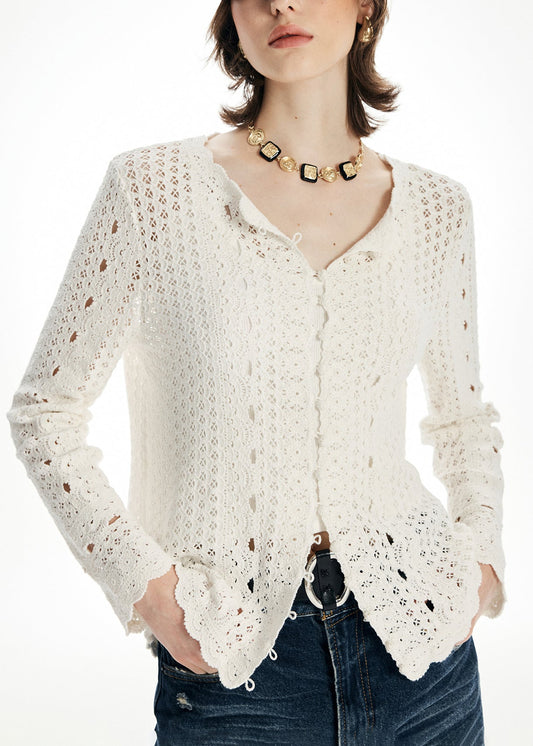 Élégant cardigan beige à col rond et ajouré en tricot pour l'automne - Wavlynn