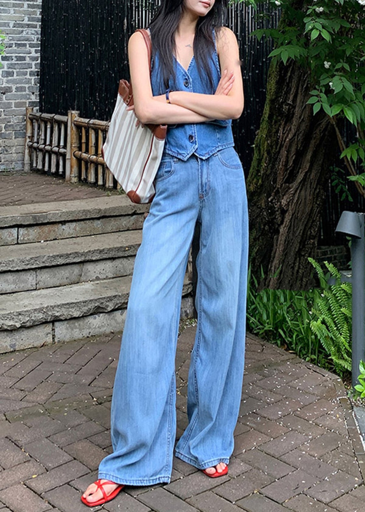 Pantalon droit drapé taille haute bleu élégant en denim pour l'automne - Wavlynn