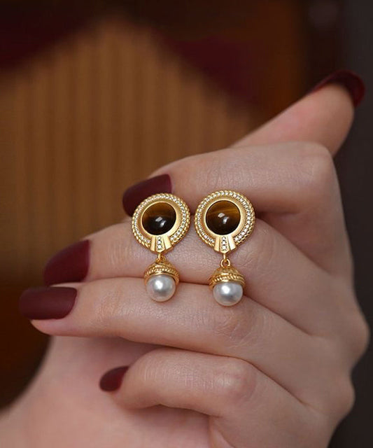 Boucles d'oreilles pendantes élégantes en argent sterling doré et perles - Wavlynn