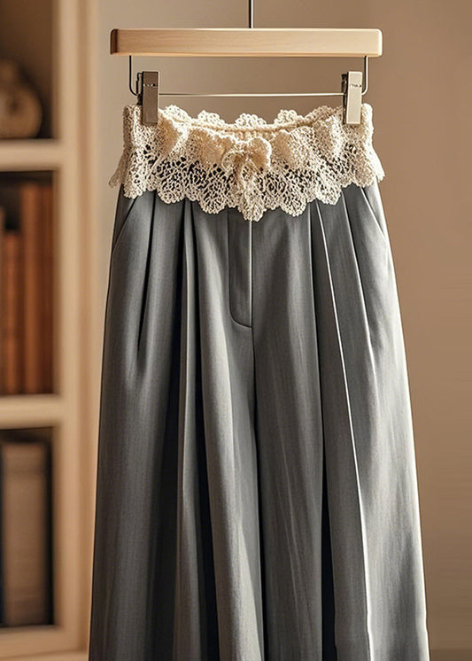 Pantalon large élégant en dentelle patchwork grise froissée, automne - Wavlynn