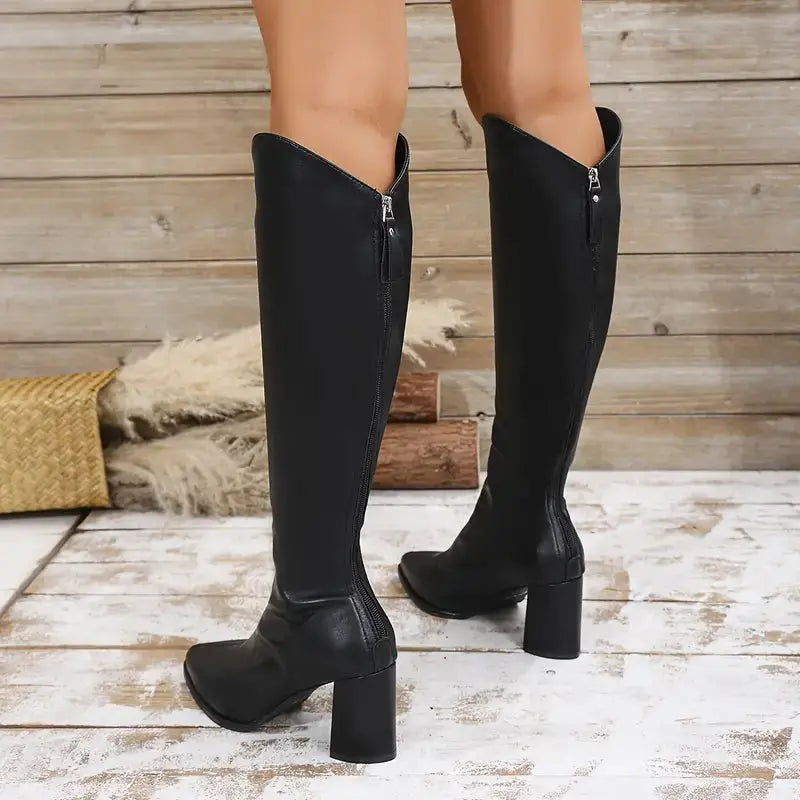 Women's elegant knee-high boots in black beige microfiber sleek silhouette chic contemporary style