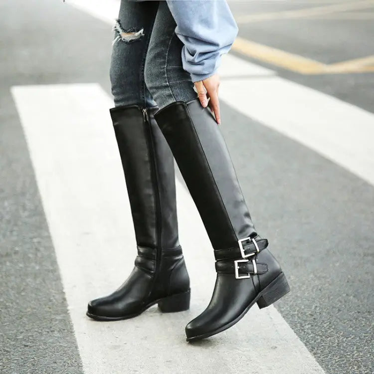 Women's black knee-high leather boots with plush lining, sleek silhouette, and timeless elegant design