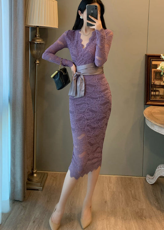 Robe de soirée élégante en dentelle lavande à col en V et taille nouée pour l'été - Wavlynn