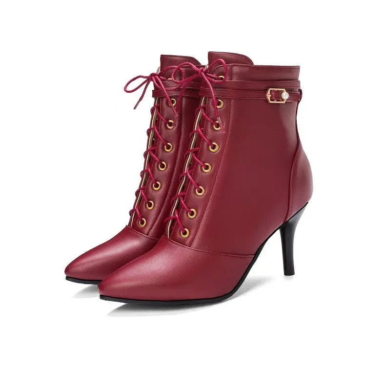 Women's black stiletto ankle boots with lace-up design and decorative buckle, 8cm heel