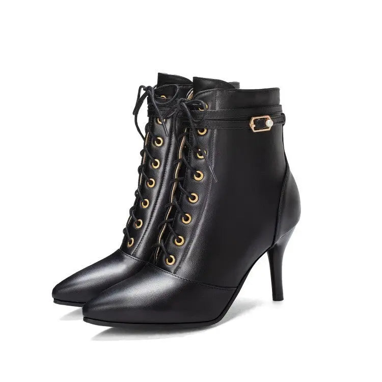 Women's black stiletto ankle boots with lace-up design and decorative buckle, 8cm heel