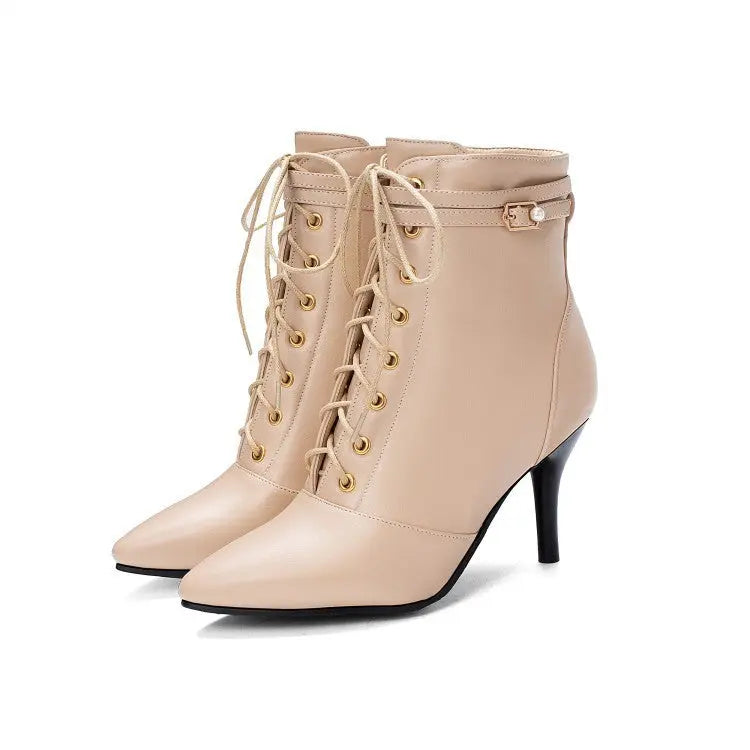 Women's black lace-up stiletto ankle boots with 8cm heel and decorative buckle detail