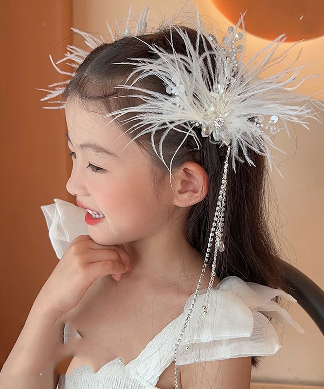 Élégante épingle à cheveux en alliage blanc avec plumes, perles, paillettes et pompons pour filles - Wavlynn