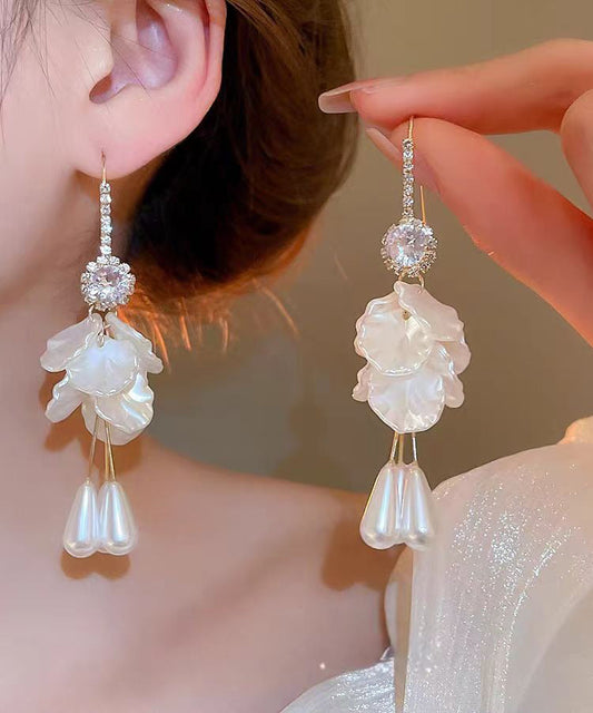 Boucles d'oreilles pendantes élégantes en cuivre blanc, acrylique, zircon, perles et coquillages - Wavlynn