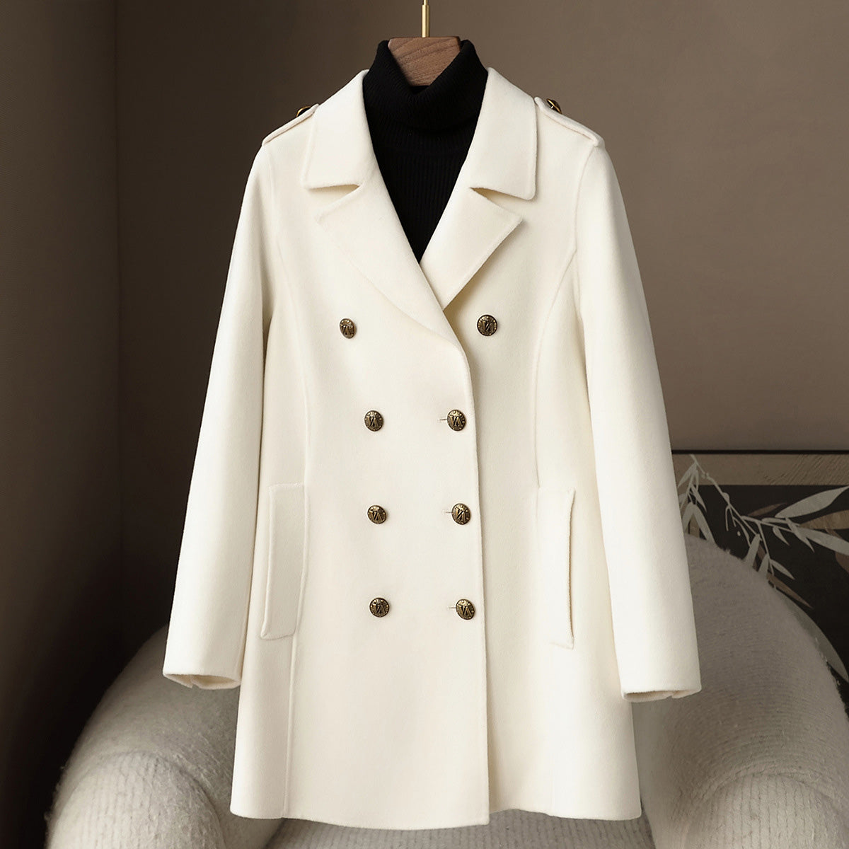 Women's camel wool cashmere mid-length coat double-breasted suit collar elegant timeless silhouette
