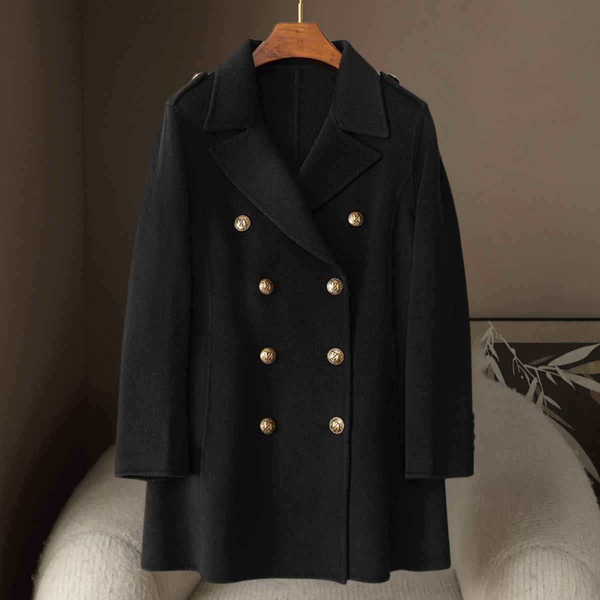 Women's camel wool cashmere mid-length coat double-breasted suit collar classic elegant silhouette