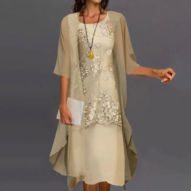Elegant chiffon two-piece dress for women in flowing layers, tailored silhouette, lightweight sophisticated style