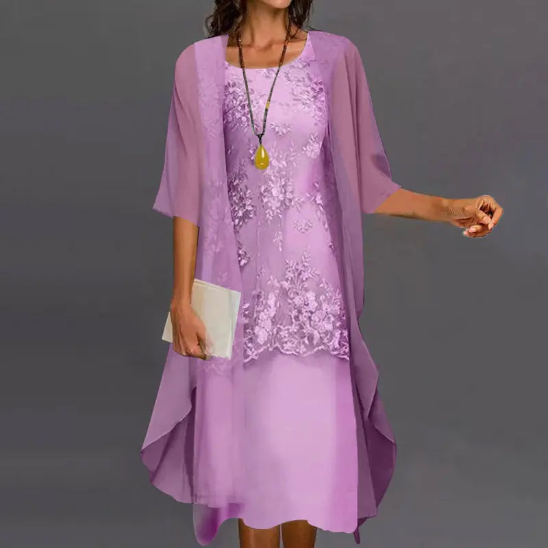Elegant women's chiffon two-piece dress in flowing layers, tailored silhouette, sophisticated lightweight style