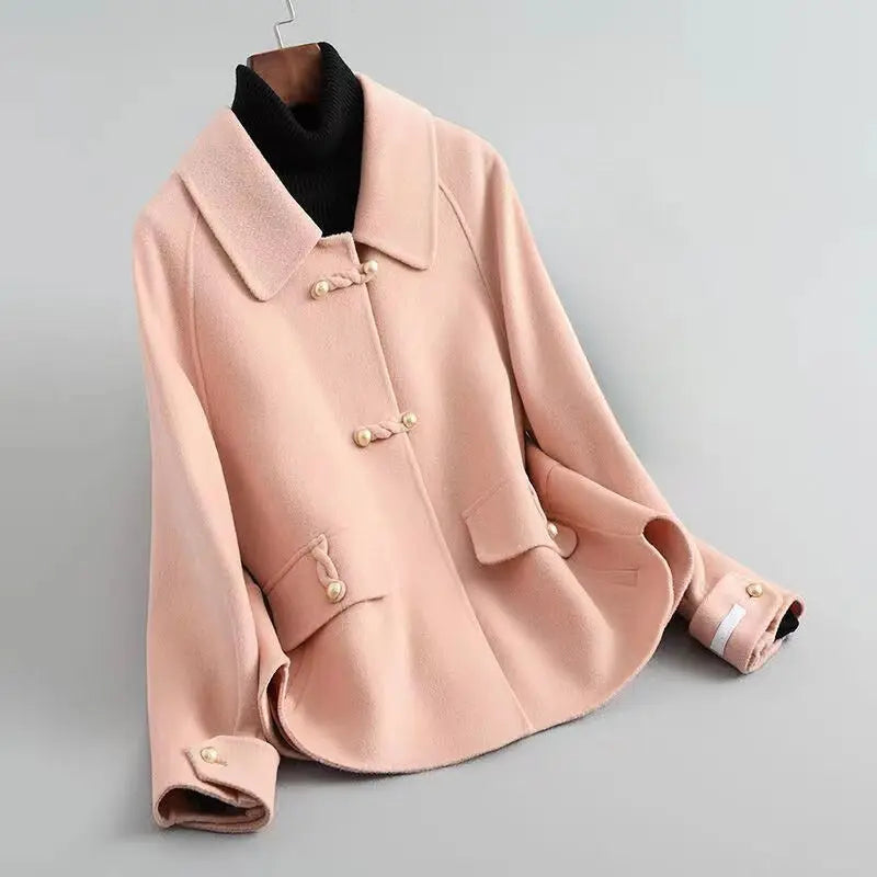 Women's elegant knit coat pearl buttons distinctive collar cotton-poly blend chic timeless style