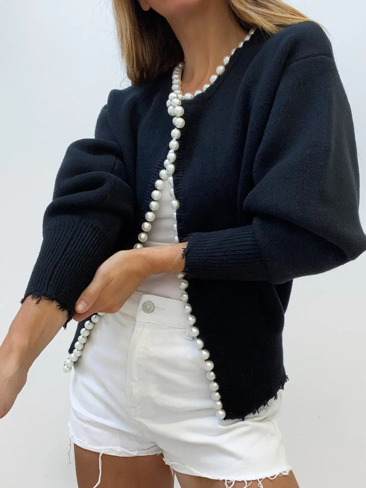 Women's elegant knit cardigan with pearl trim detailing, regular fit, versatile work and casual layering piece