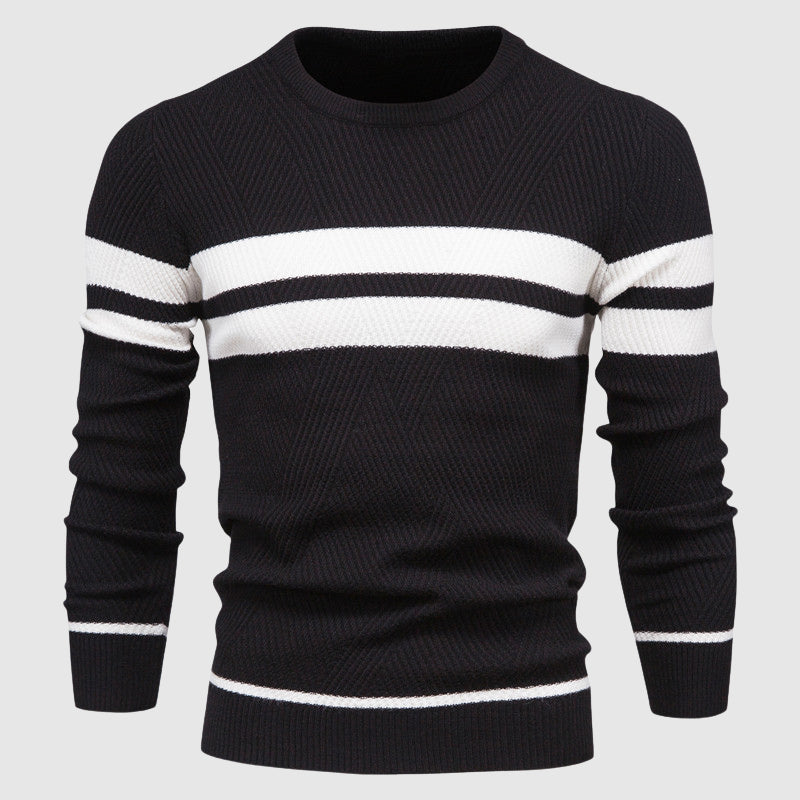 Roberto Russo men's striped knit sweater, classic O-neck silhouette in premium cotton-poly blend