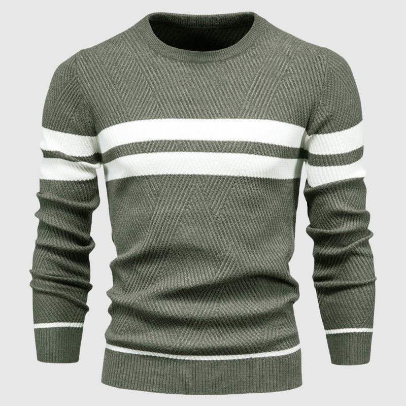 Men's striped knit sweater navy blue O-neck cotton-poly blend bold contemporary stripe pattern
