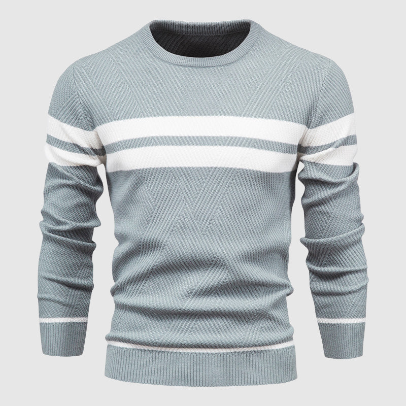 Men's striped knit sweater navy blue classic O-neck premium cotton-poly blend Roberto Russo