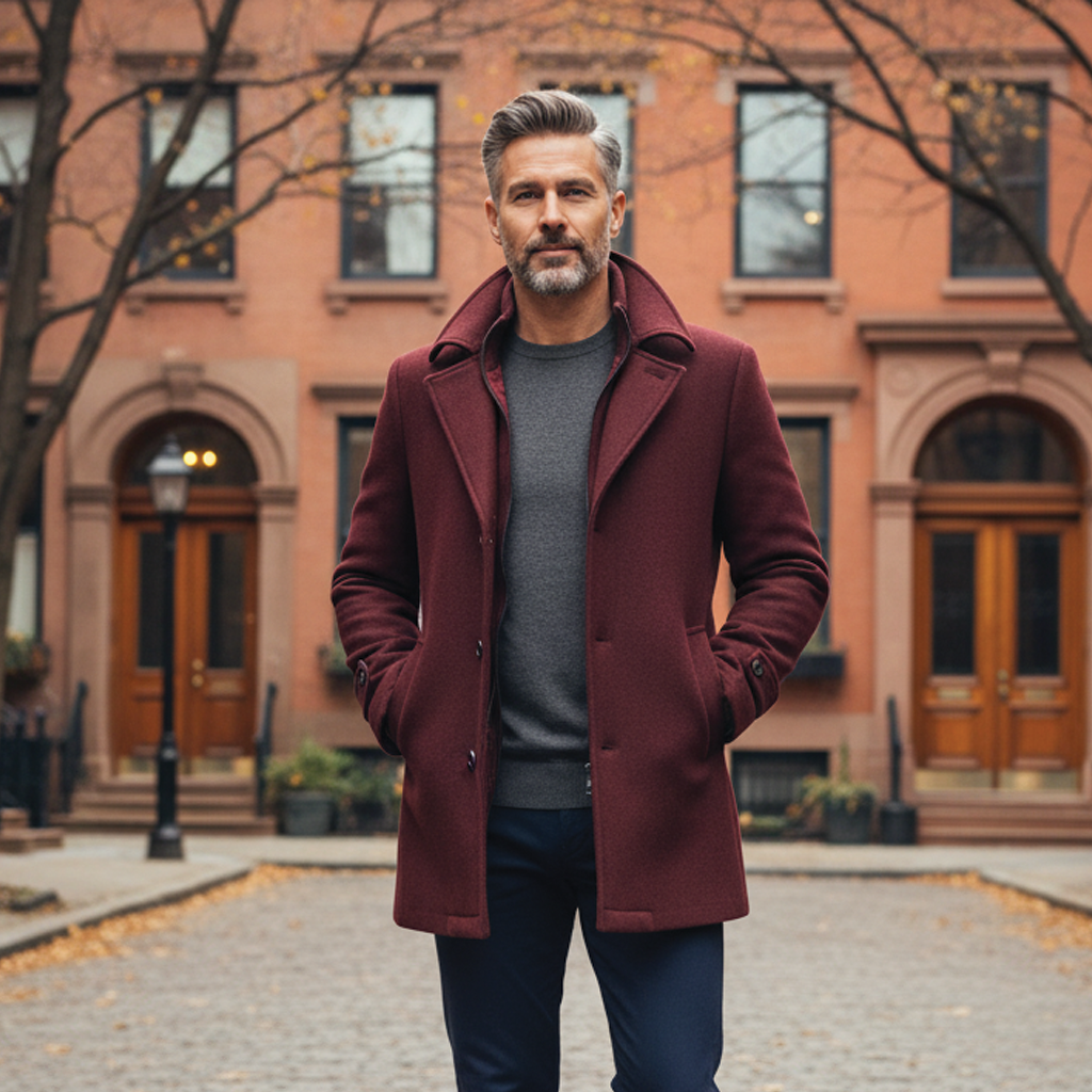 Men's charcoal wool blend overcoat refined tailoring stand-up collar hidden zipper chest pocket