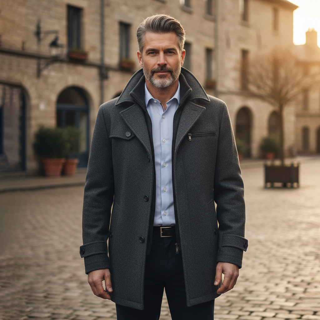 Men's charcoal wool blend overcoat refined tailoring stand-up collar dual button hidden zipper closure