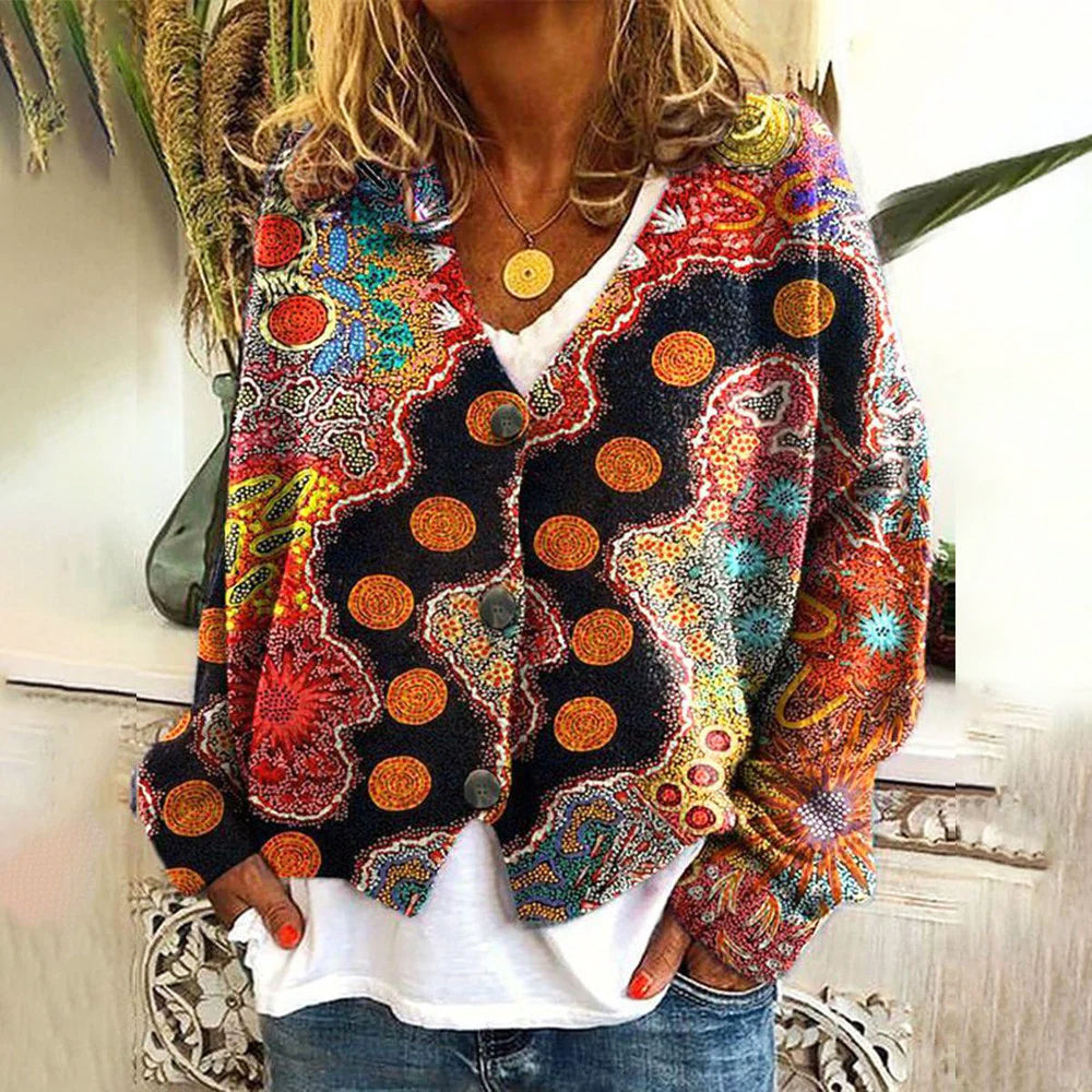 Elise Leroy Bohemian Dream Cardigan multicolor button-up stretch cardigan with boho-inspired vibrant hue blend