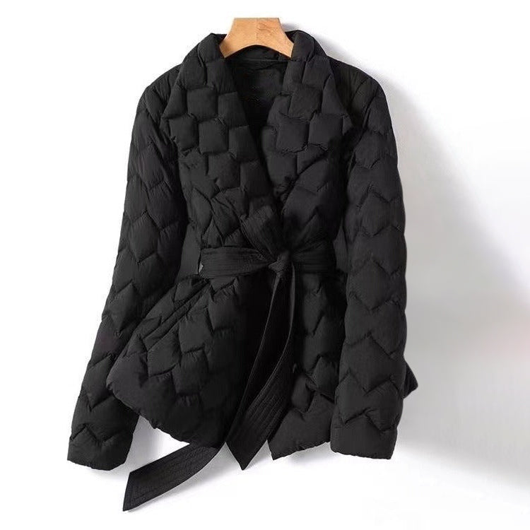 Chic women's down jacket geometric pattern tailored waist lapel collar elegant polished style