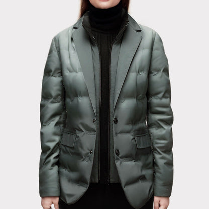 Women's black structured puffer jacket blazer-style silhouette, tailored city-ready winter layer