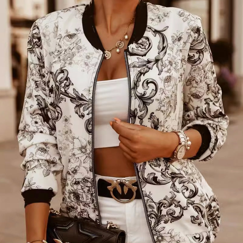 Women's bold floral lightweight jacket breezy relaxed fit polyester-spandex blend statement layer