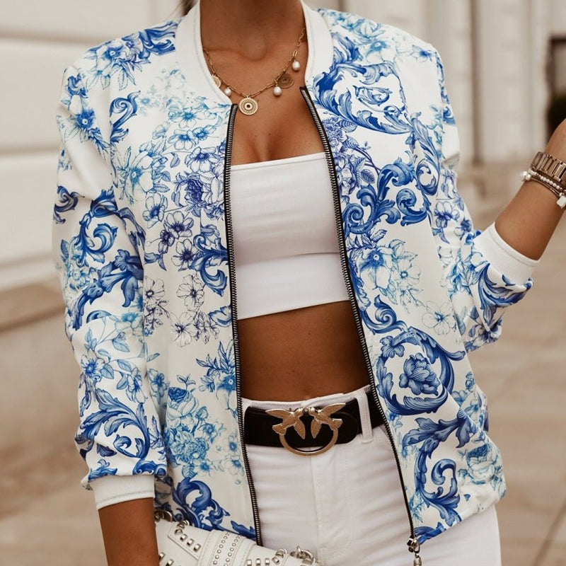 Women's bold floral lightweight jacket breezy fit polyester-spandex blend warm evening layer