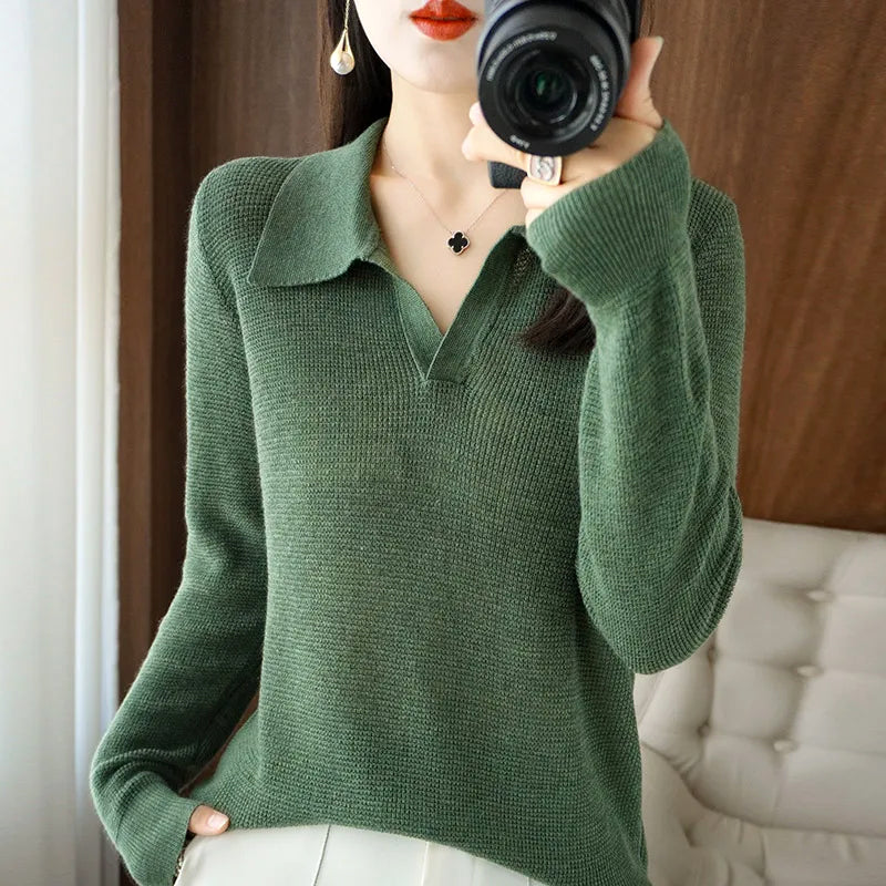 Elise Leroy Heavenly cream wool-cotton knit pullover V-neck long sleeve luxury sweater refined silhouette