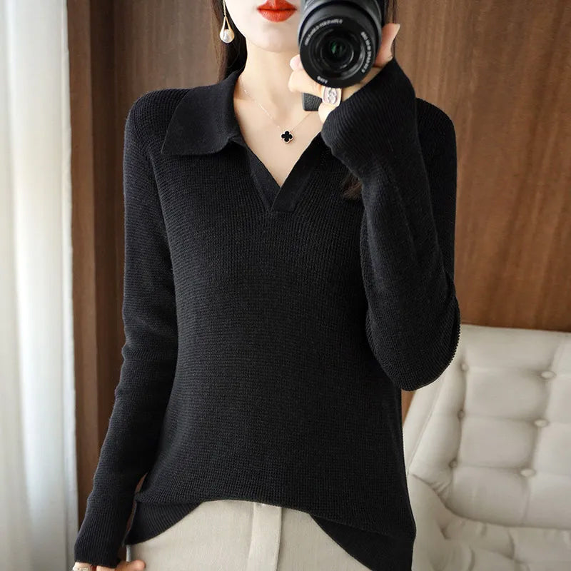Elise Leroy Heavenly cream wool-cotton V-neck pullover with long sleeves and luxurious plush knit texture