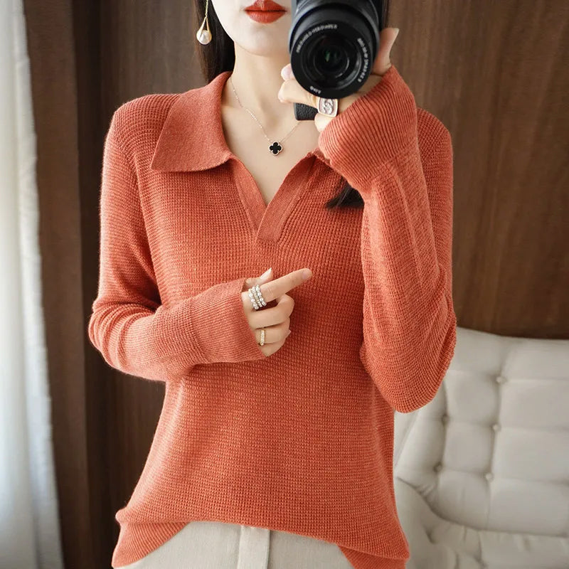 Elise Leroy Heavenly cream wool-cotton V-neck pullover with long sleeves and luxurious plush knit texture