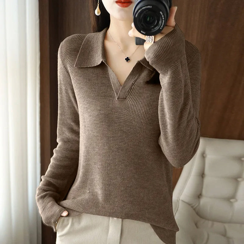 Elise Leroy Heavenly cream wool-cotton knit pullover with V-neck long sleeves and luxe plush texture