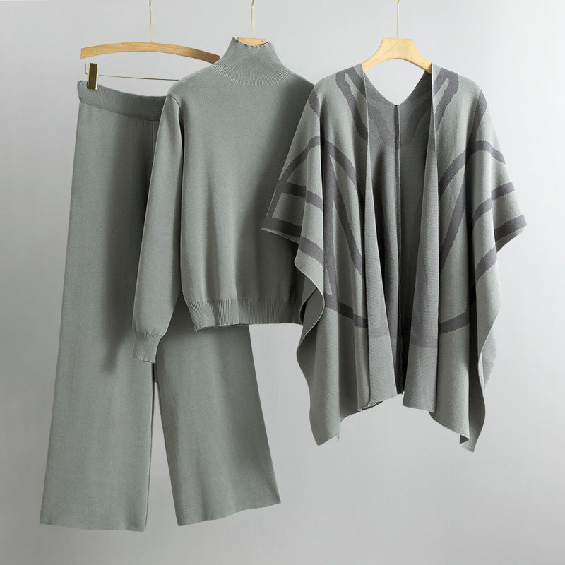 Earthy striped knit 3-piece set wide-leg pants sweater open cardigan casual elegant autumn